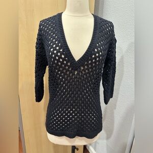 Ann Taylor Sweater Size MP Black Loose Knit V-Neck  Cotton Top